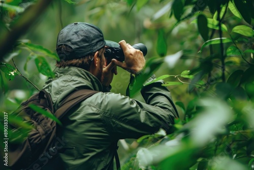 Wallpaper Mural A bird watcher in a dense forest uses binoculars to observe and record bird behavior for research. The natural surroundings are lush with greenery, and the bird enthusiast appears focused and engaged Torontodigital.ca