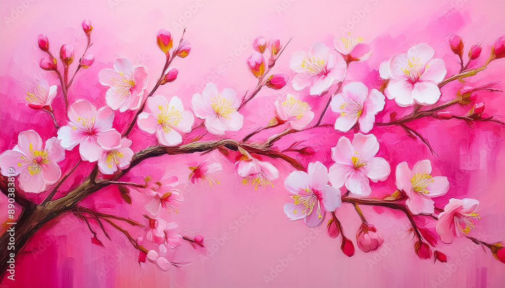 Branches of cherry blossoms hang on a pink background, space for text Branches of cherry blossoms hang on a pink background, space for text