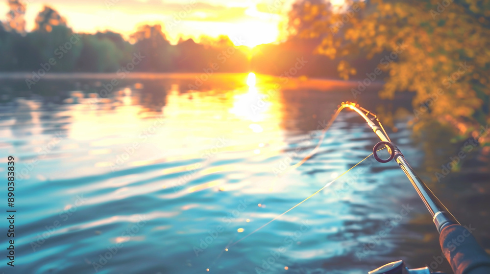 Fototapeta premium Closeup of fishing rod casting outdoors in lake or river water at sunset nature. Copy space, summer evening leisure hobby or sport activity outside, vacation relax