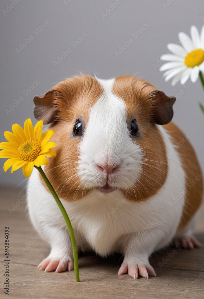  A curious guinea pig sniffing a flower. 