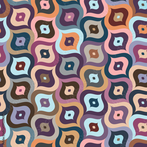 Retro style ogee motif with multicolored concentric oval shape elements. Abstract geometric design. Seamless repeating pattern.