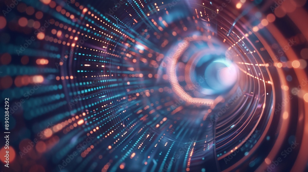 Obraz premium Data is flowing through a futuristic tunnel, creating a vortex effect. The background is a vector image, making it ideal for use in digital designs.