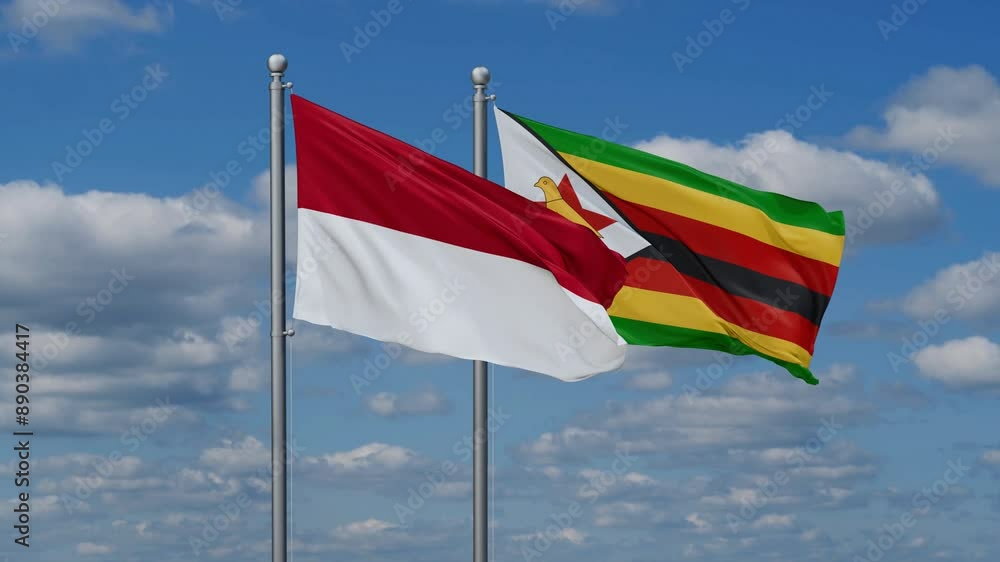 Zimbabwe and Indonesia flags flying together, video concept of the relationship, two country cooperation concept Zimbabwe and Indonesia flags flying together, video concept of the relationship, two country cooperation concept