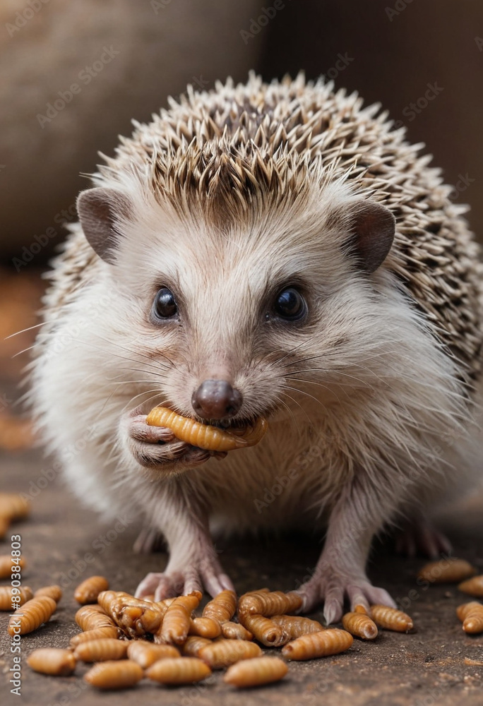 Fototapeta premium A curious hedgehog eating a mealworm. 