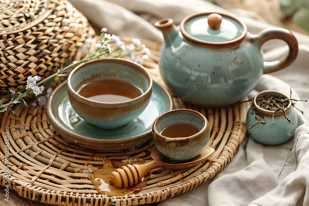 Tranquil tea time setup featuring a ceramic teapot and cups on a woven mat, adorned with honey and dried flowers. Tranquil tea time setup featuring a ceramic teapot and cups on a woven mat, adorned with honey and dried flowers.