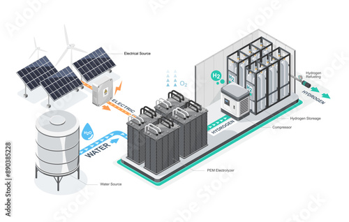 PEM water electrolyser station daigram isometric H2 green electrolyzer hydrogen generator station for factory industrial technology on white background isolated cartoon