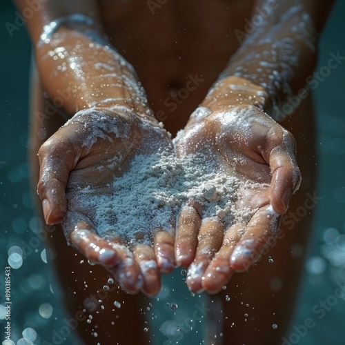 A close-up photo of a gymnast's chalk-covered hands By Generated AI photo