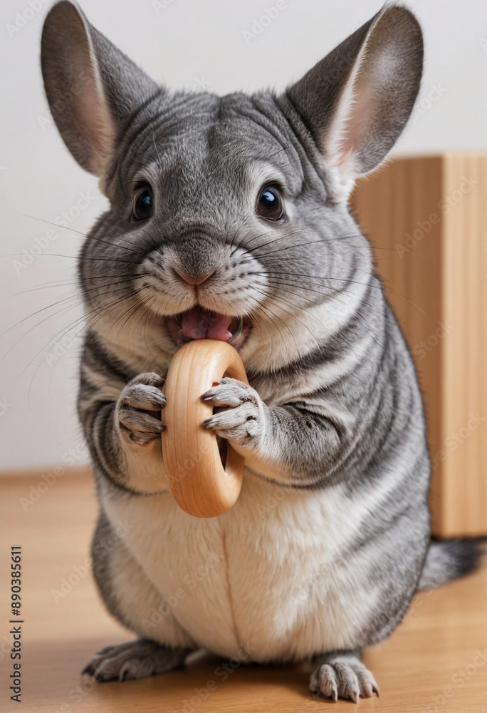 Obraz premium A playful chinchilla chewing on a wooden toy. 