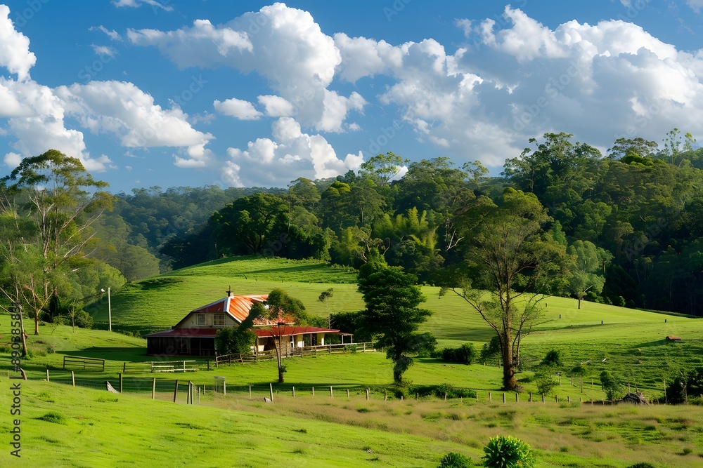 Countryside House with Lush Green Fields and Blue Sky Countryside House with Lush Green Fields and Blue Sky