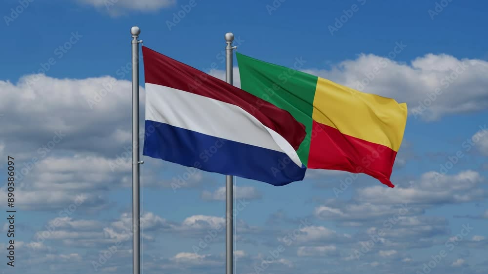 Netherlands and Benin flags flying together, video concept of the relationship Netherlands and Benin flags flying together, video concept of the relationship