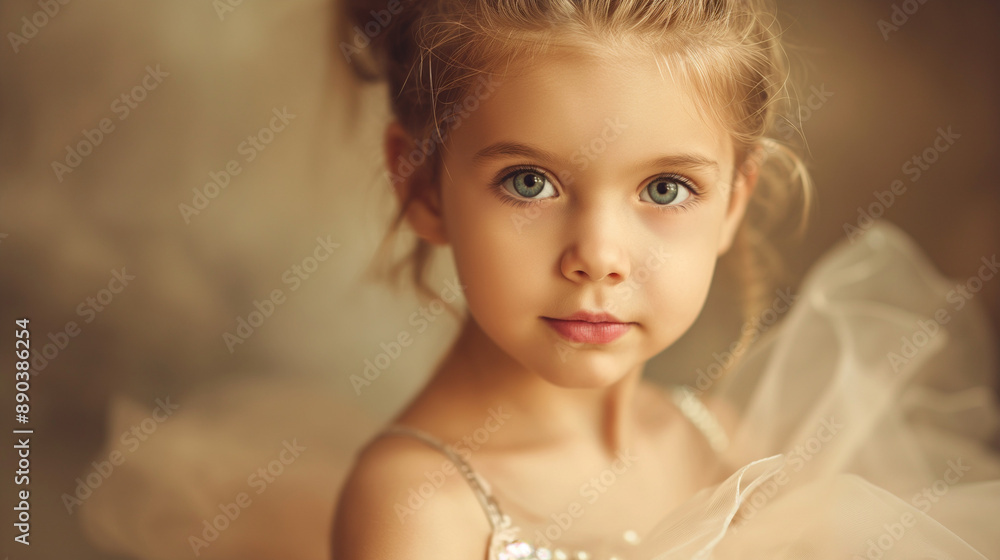 Adorable Little Girl in Tulle Dress with Dreamy Expression Against Soft Background Adorable Little Girl in Tulle Dress with Dreamy Expression Against Soft Background