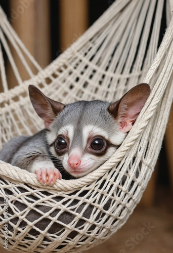  A sleepy sugar glider napping in a hammock. 