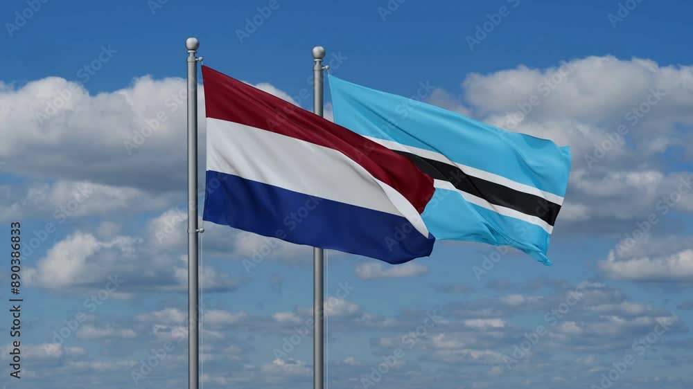 Botswana and Netherlands flags flying together, video concept of the relationship, two country relations concept Botswana and Netherlands flags flying together, video concept of the relationship, two country relations concept