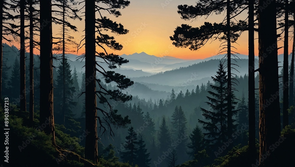 Forest hiking scene with mountains at dawn. Pine tree silhouettes. Vector graphic Forest hiking scene with mountains at dawn. Pine tree silhouettes. Vector graphic