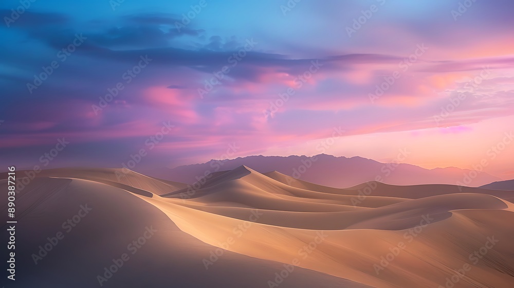 Naklejka premium Dusk's Embrace A mesmerizing scene of desert dunes enveloped in the soft light of dusk with the tranquil beauty of the sandy landscape enhanced by the fading colors of the evening sky.