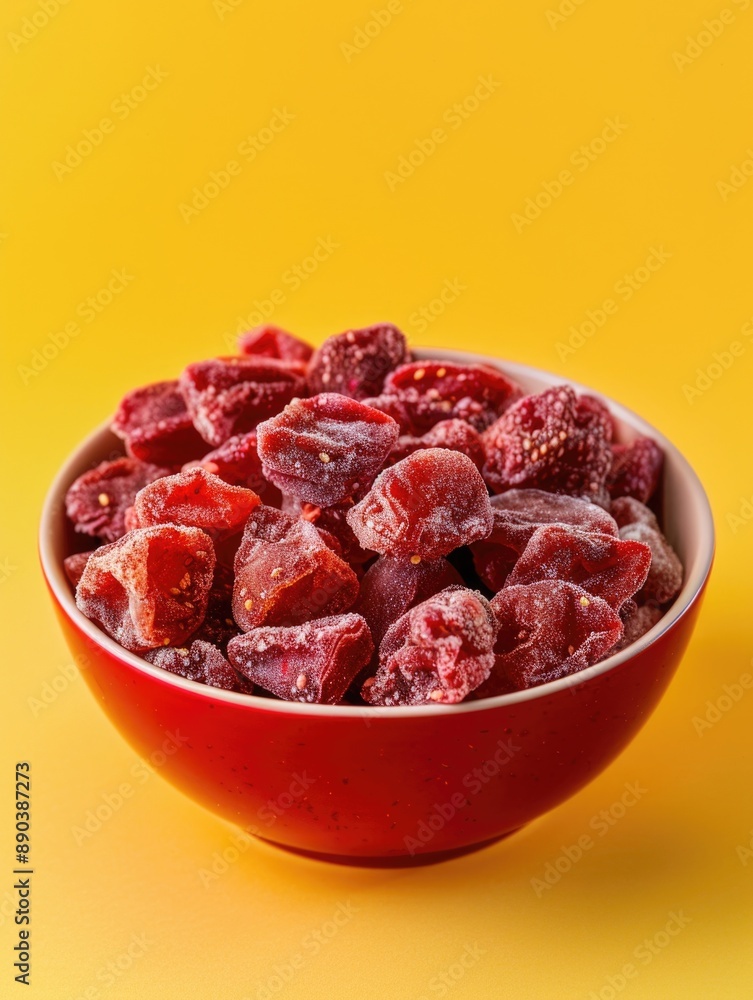 A bright yellow surface holds a red bowl filled with frozen fruit A bright yellow surface holds a red bowl filled with frozen fruit