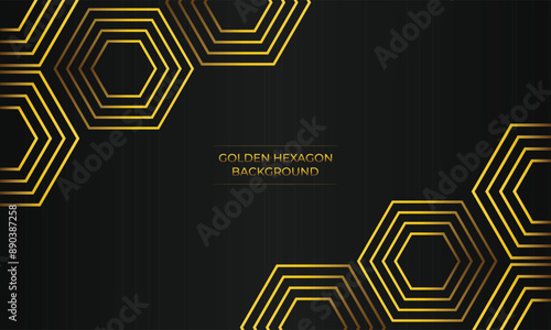 luxury black background with abstract golden geometric hexagon shape