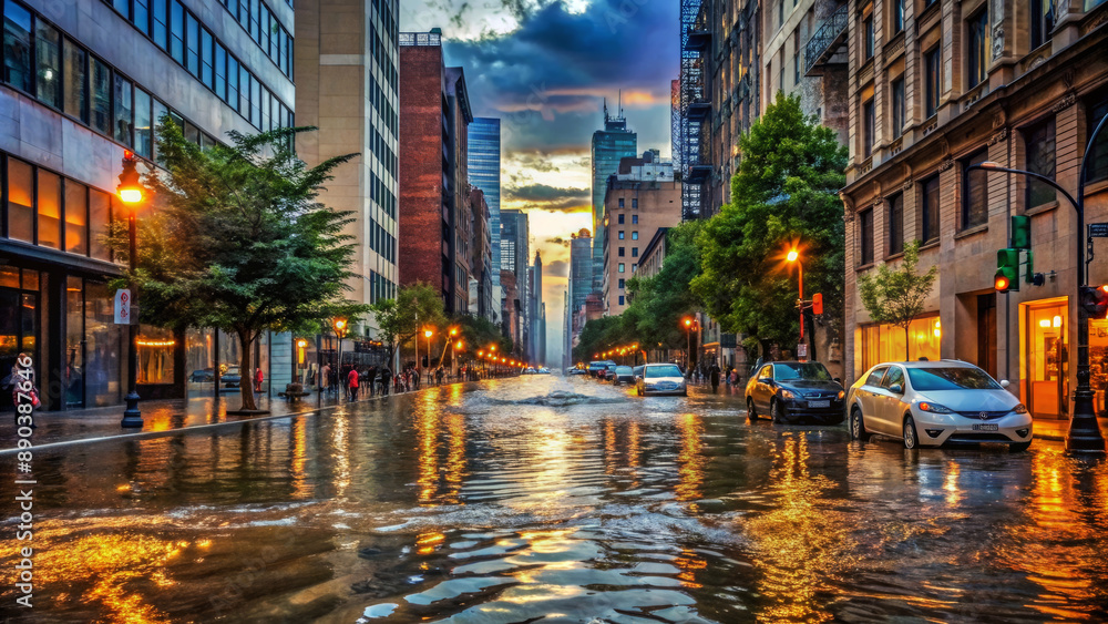 Fototapeta premium Aftermath of natural disaster. Flooded cars on the street of the city. Street after heavy rain and storm