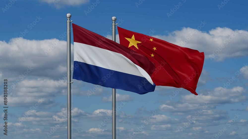 China and Netherlands flags flying together, video concept of the relationship, two country relations concept China and Netherlands flags flying together, video concept of the relationship, two country relations concept