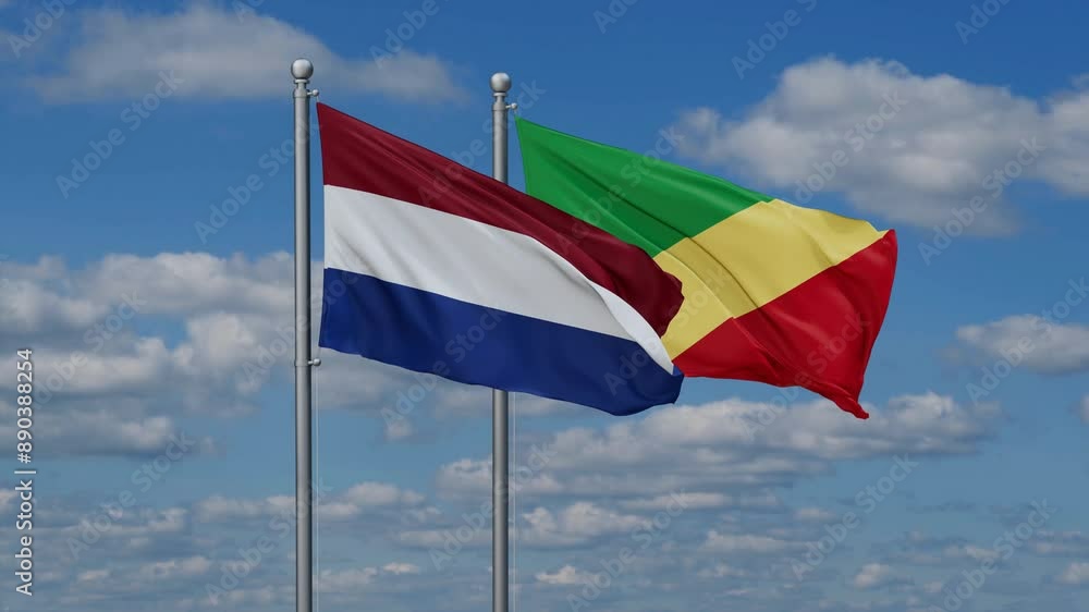 Republic of the Congo and Netherlands flags flying together, video concept of the relationship, two country relations concept Republic of the Congo and Netherlands flags flying together, video concept of the relationship, two country relations concept