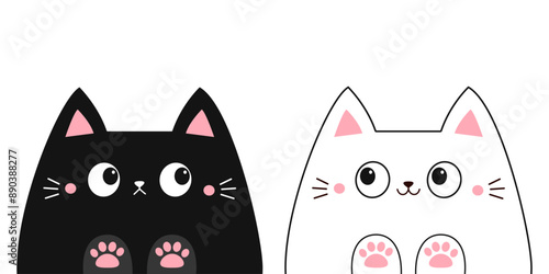 Peeking white black cat set. Kitten hands. Pink paw print on the table. Line contour silhouette. Funny Kawaii pet animal. Cute cartoon character. Childish style. Flat design. White background. Vector