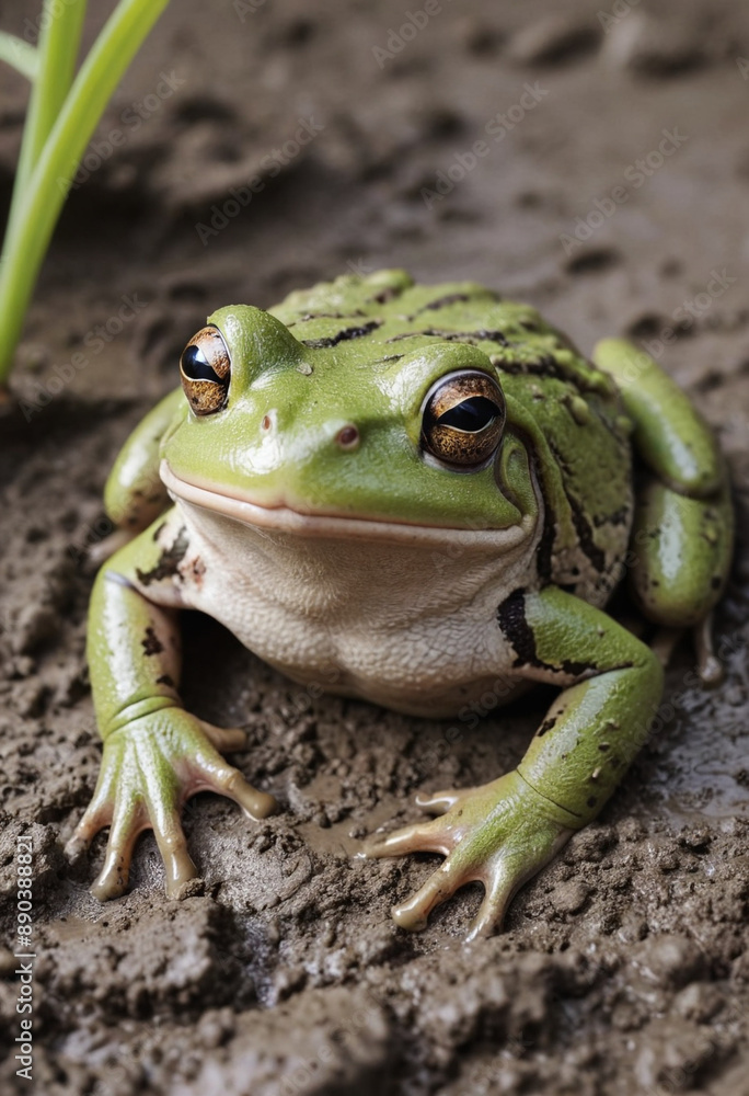 A sleepy frog hiding in the mud. A sleepy frog hiding in the mud.
