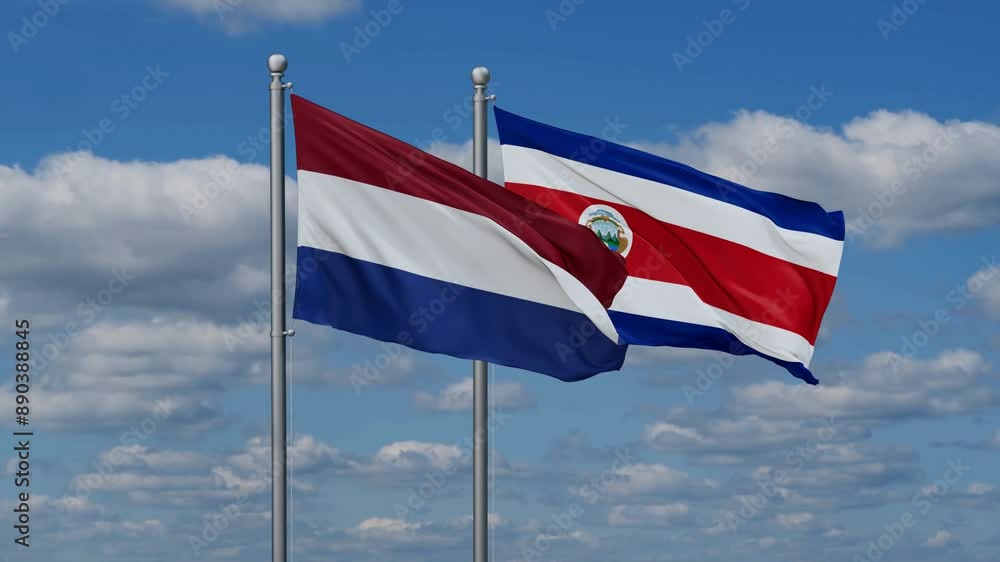 Costa Rico and Netherlands flags flying together, video concept of the relationship, two country cooperation concept Costa Rico and Netherlands flags flying together, video concept of the relationship, two country cooperation concept