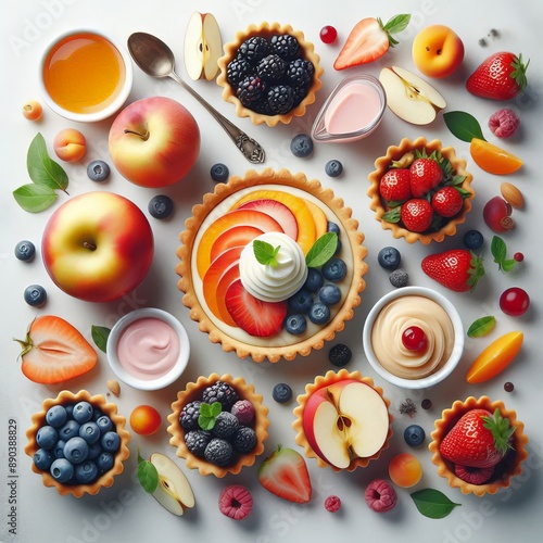 Collection of fruit cream curd fruit tart tartlet pastry dessert, on transparent, top view overhead. Apple, strawberry, apricot, peach, blackberry, cherry, raspberry, blueberry photo