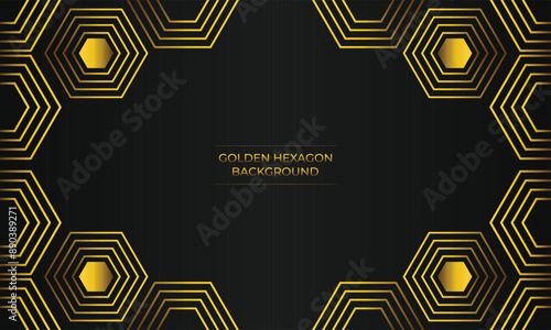 luxury black background with abstract golden geometric hexagon shape