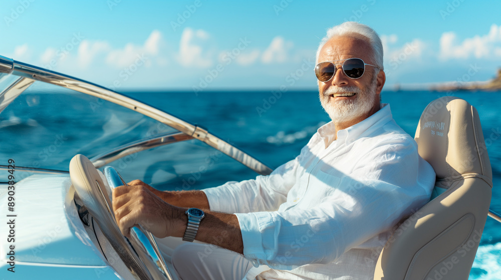 Happy smiling senior old man driving white luxury speedboat or motorboat on sea or ocean water. Retirement adventure for elderly male person, pensioner summer leisure Happy smiling senior old man driving white luxury speedboat or motorboat on sea or ocean water. Retirement adventure for elderly male person, pensioner summer leisure