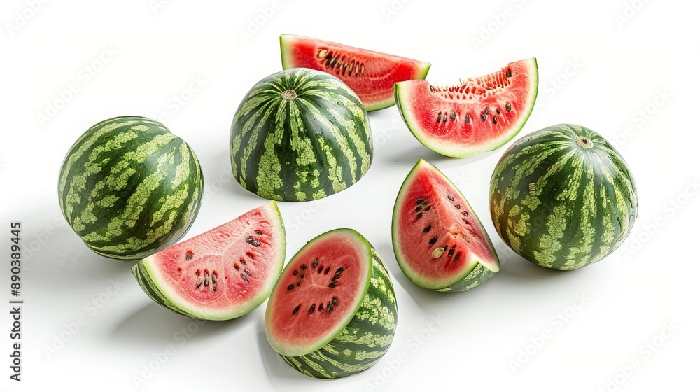 Multiple round striped watermelons and their slices are placed on a white background separately. Multiple round striped watermelons and their slices are placed on a white background separately.
