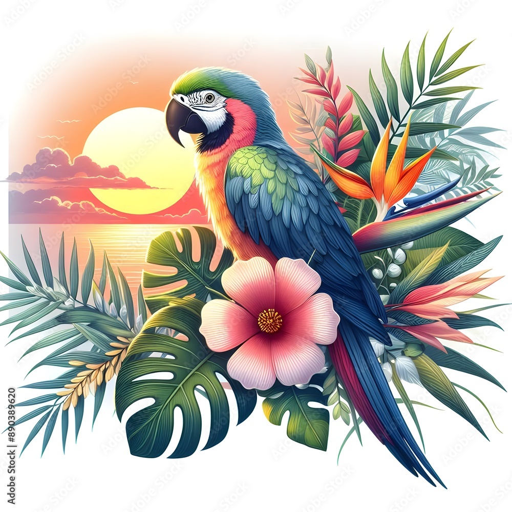 Parrot with tropical leaves at sunset or sunrise. Isolated watercolor illustration on wite background. Parrot with tropical leaves at sunset or sunrise. Isolated watercolor illustration on wite background.