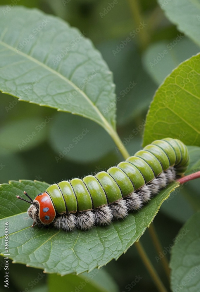 Fototapeta premium A sleepy caterpillar munching on a leaf. 