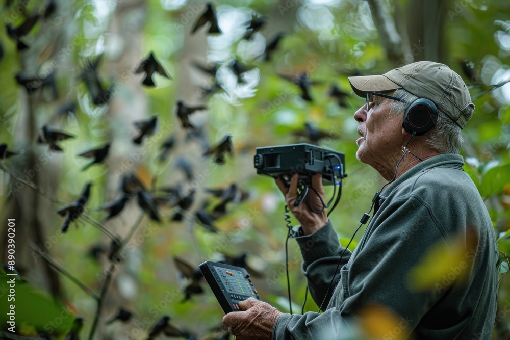 Fototapeta premium A bird watcher records bird calls and songs using specialized audio equipment. The observer is surrounded by a variety of bird species, each contributing to the symphony of natural sounds. This image