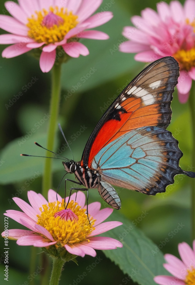 Fototapeta premium A colorful butterfly drinking nectar from a flower. 