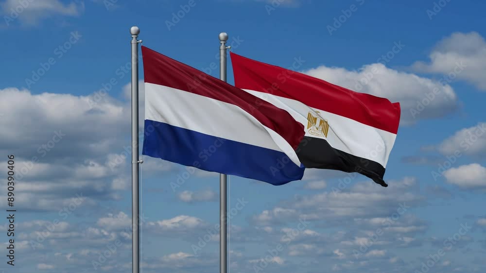 Egypt and Netherlands flags flying together, video concept of the relationship, two country relations concept Egypt and Netherlands flags flying together, video concept of the relationship, two country relations concept