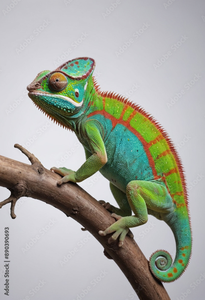 Fototapeta premium A chameleon changing colors on a branch. 