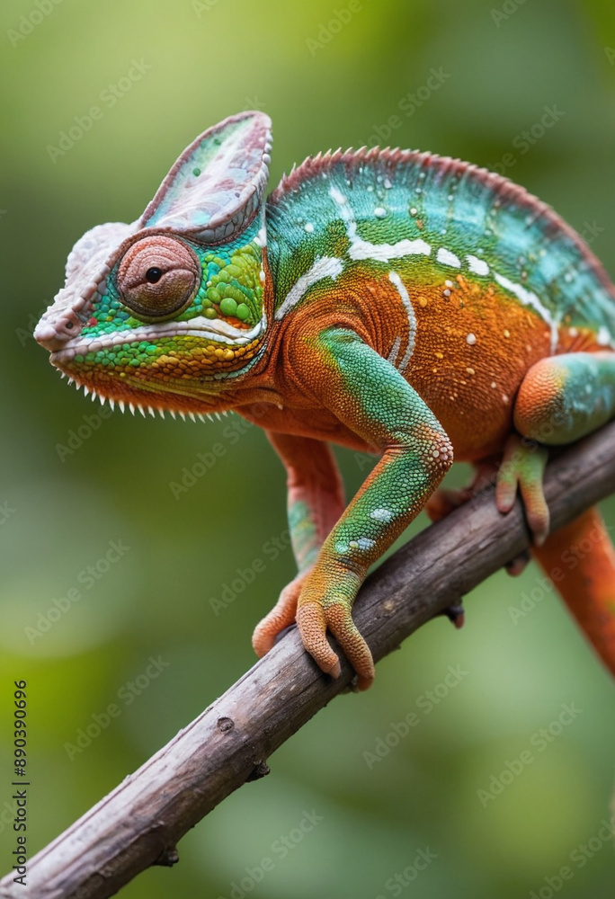 Fototapeta premium A chameleon changing colors on a branch. 