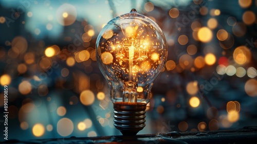 Close-up of a glowing light bulb with bokeh background photo