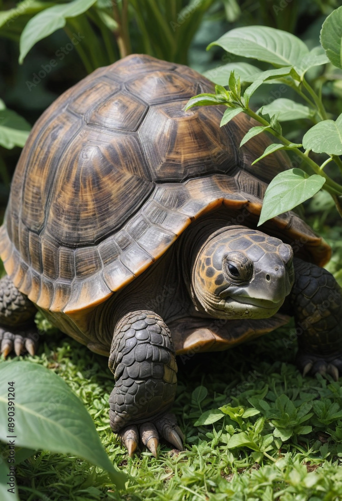 Obraz premium A tortoise grazing on a leafy plant. 