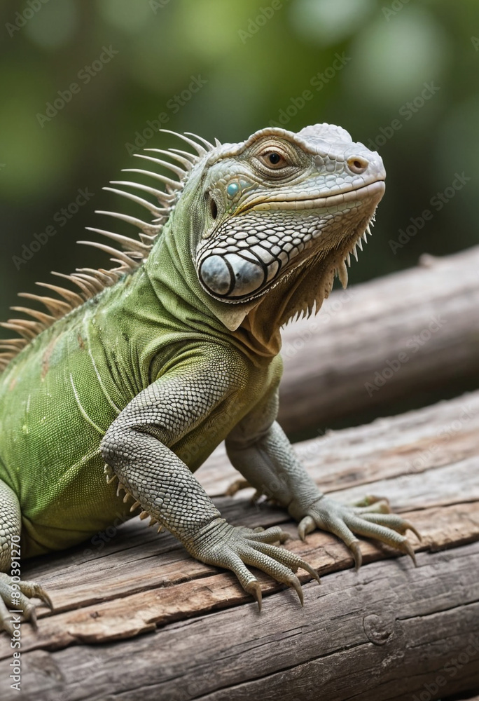 Obraz premium An iguana sunbathing on a log. 