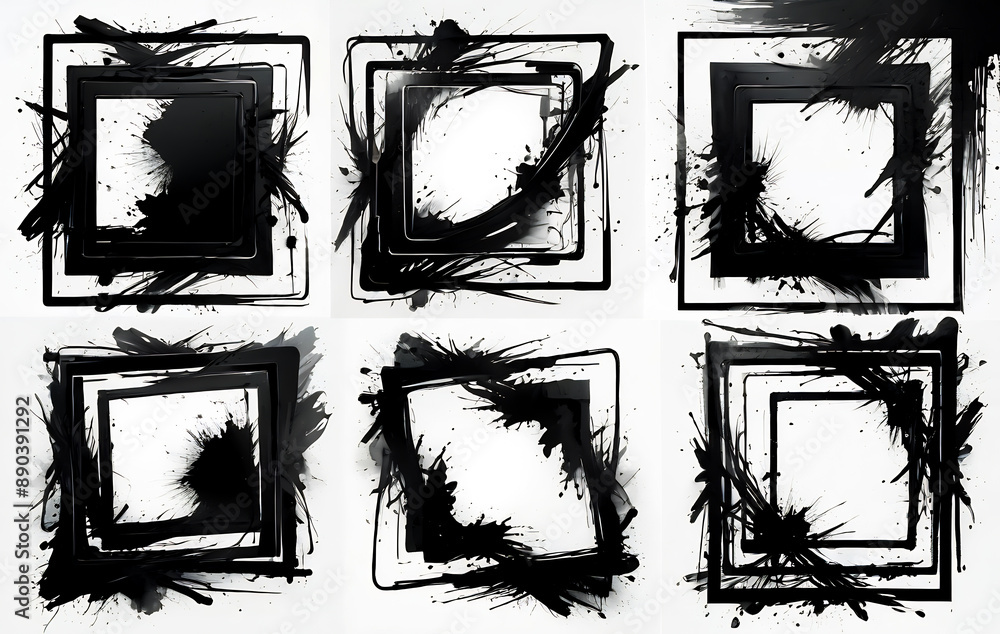 Grunge backgrounds set, brush paint ink stroke over square frame Grunge backgrounds set, brush paint ink stroke over square frame