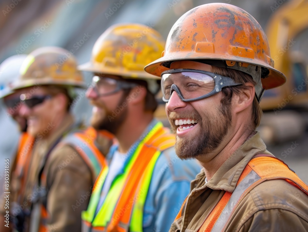 Happy team of construction workers, sharing laughter and enthusiasm while working on a site, capturing the positive energy and unity in their work Happy team of construction workers, sharing laughter and enthusiasm while working on a site, capturing the positive energy and unity in their work