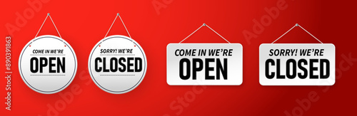 Closed and open. Red sign Sorry we are closed for holidays, with shadow isolated on red background. Vector