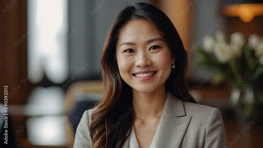 Naklejka premium Beautiful Asian woman of middle age or young age posing for beauty portrait. Pretty mature adult lady model from Asia looking at camera smiling on background advertising with copy space