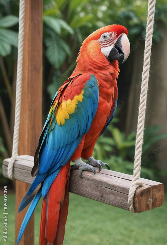 A colorful macaw perched on a wooden swing. A colorful macaw perched on a wooden swing.
