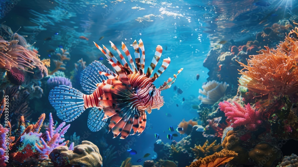 Vibrant lionfish hovering near a coral reef Vibrant lionfish hovering near a coral reef