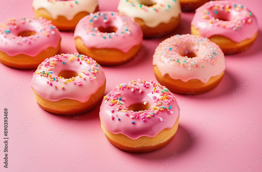 Delicious donuts with pink icing and sprinkles on a pink background. Top view, smooth layer. Sweet and colorful background for baking, confectionery, cafe, menu Delicious donuts with pink icing and sprinkles on a pink background. Top view, smooth layer. Sweet and colorful background for baking, confectionery, cafe, menu