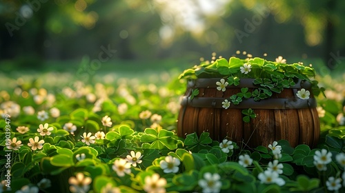  A wooden barrel filled with clover in a field.