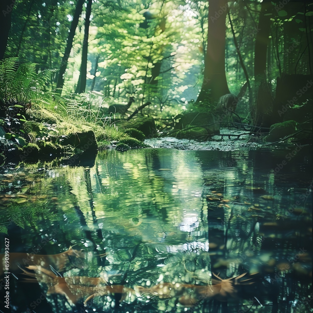 Realistic forest stream with clear water close up, focus on, copy space Sparkling water and lush greenery, Double exposure silhouette with deer Realistic forest stream with clear water close up, focus on, copy space Sparkling water and lush greenery, Double exposure silhouette with deer